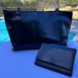 MONSAC Black Leather East West Shoulder Bag with matching MONSAC Wallet